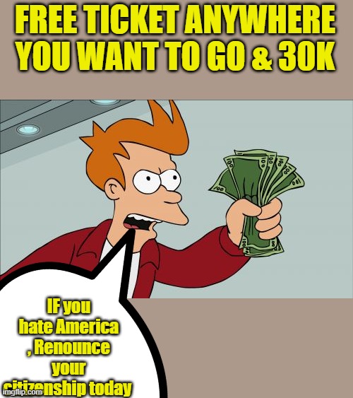 Shut Up And Take My Money Fry & a Free Microwave !! | FREE TICKET ANYWHERE YOU WANT TO GO & 30K; IF you hate America , Renounce your citizenship today | image tagged in memes,shut up and take my money fry | made w/ Imgflip meme maker