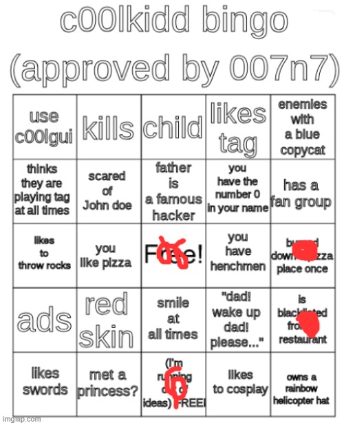 i made a game with a pizza place and burnt it :P | image tagged in c00lkidd bingo | made w/ Imgflip meme maker
