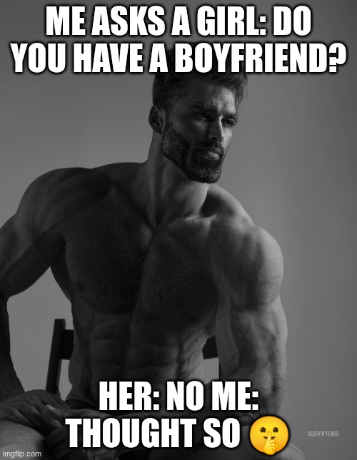 Giga Chad | ME ASKS A GIRL: DO YOU HAVE A BOYFRIEND? HER: NO ME: THOUGHT SO 🤫🧏 | image tagged in giga chad | made w/ Imgflip meme maker