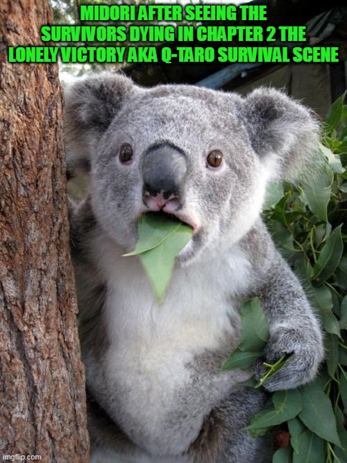 Surprised Koala Meme | MIDORI AFTER SEEING THE SURVIVORS DYING IN CHAPTER 2 THE LONELY VICTORY AKA Q-TARO SURVIVAL SCENE | image tagged in memes,surprised koala | made w/ Imgflip meme maker