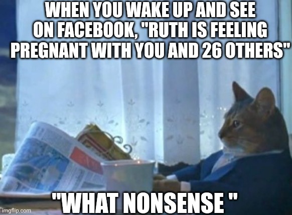 I Should Buy A Boat Cat | WHEN YOU WAKE UP AND SEE ON FACEBOOK, "RUTH IS FEELING PREGNANT WITH YOU AND 26 OTHERS"; "WHAT NONSENSE " | image tagged in memes,i should buy a boat cat | made w/ Imgflip meme maker
