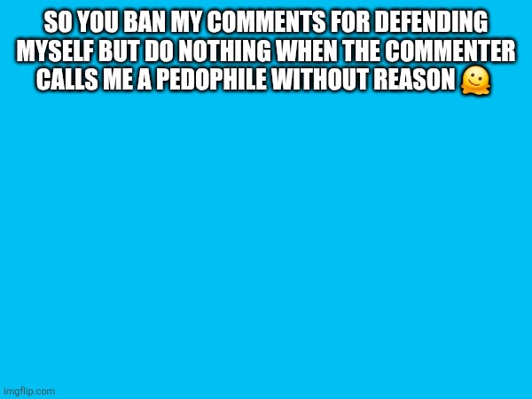 SO YOU BAN MY COMMENTS FOR DEFENDING MYSELF BUT DO NOTHING WHEN THE COMMENTER CALLS ME A PEDOPHILE WITHOUT REASON 🫠 | made w/ Imgflip meme maker