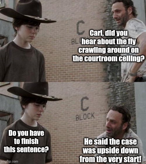 Courtroom dad jokes.... | Carl, did you hear about the fly crawling around on the courtroom ceiling? Do you have to finish this sentence? He said the case was upside down from the very start! | image tagged in rick and carl,dad joke,bad jokes,court,not funny,oh well | made w/ Imgflip meme maker