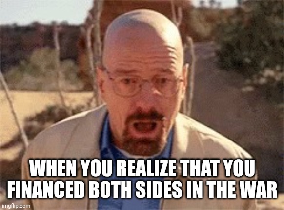 Walter White | WHEN YOU REALIZE THAT YOU FINANCED BOTH SIDES IN THE WAR | image tagged in walter white | made w/ Imgflip meme maker