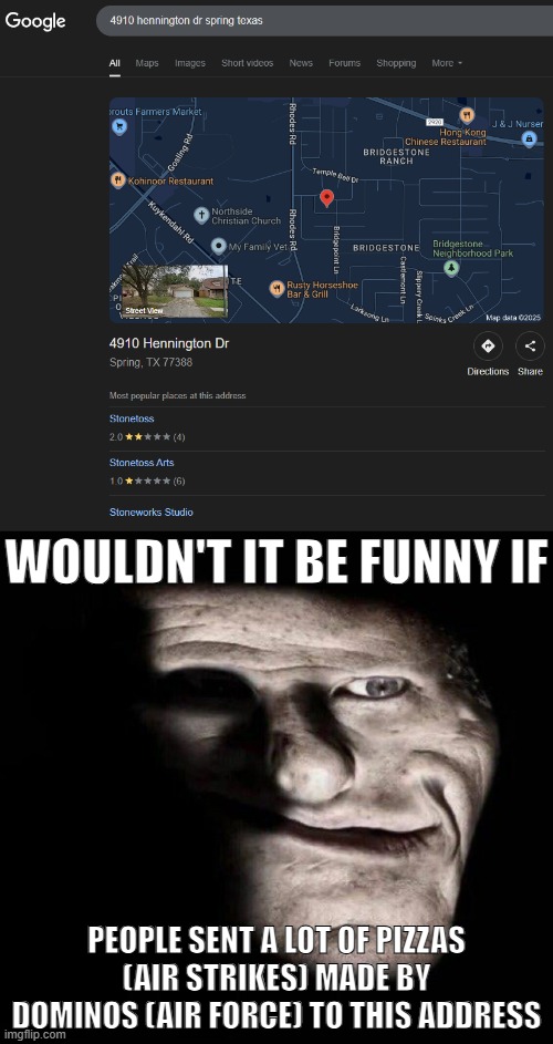 that sounds hilarious ngl | WOULDN'T IT BE FUNNY IF; PEOPLE SENT A LOT OF PIZZAS (AIR STRIKES) MADE BY DOMINOS (AIR FORCE) TO THIS ADDRESS | image tagged in realistic trollge | made w/ Imgflip meme maker
