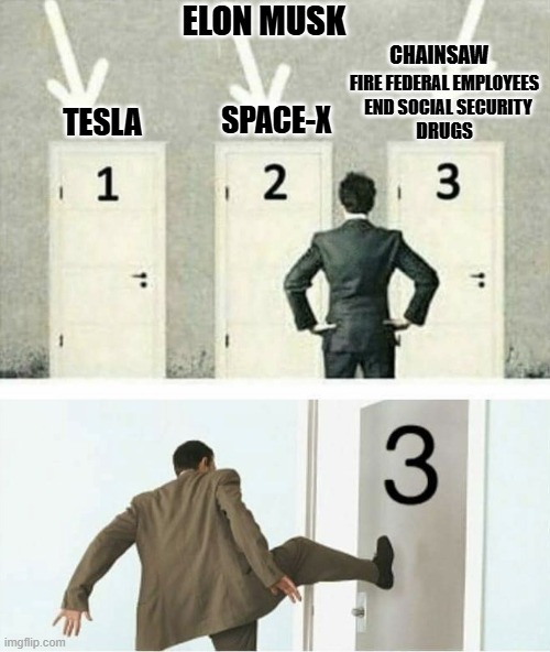 give me the chainsaw! | ELON MUSK; CHAINSAW; FIRE FEDERAL EMPLOYEES; END SOCIAL SECURITY; SPACE-X; TESLA; DRUGS | image tagged in three doors | made w/ Imgflip meme maker