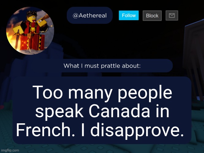 aethereal's forsaken template | Too many people speak Canada in French. I disapprove. | image tagged in aethereal's forsaken template | made w/ Imgflip meme maker