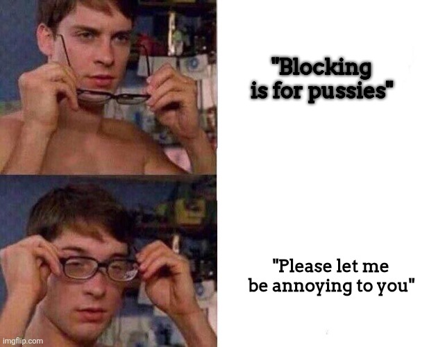 Spiderman Glasses | "Blocking is for pussies" "Please let me be annoying to you" | image tagged in spiderman glasses | made w/ Imgflip meme maker