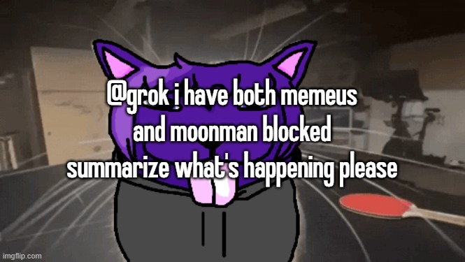i'm going insane i keep tagging grok | @grok i have both memeus and moonman blocked summarize what's happening please | image tagged in tge silly | made w/ Imgflip meme maker