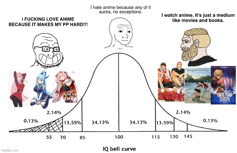 @Gafsembhijclodtrunkvypwxz6923845 be like | image tagged in bell curve,vinland saga,konosuba,fate,wojak | made w/ Imgflip meme maker