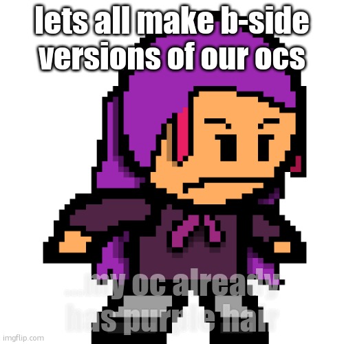 naomi / echo | lets all make b-side versions of our ocs; ...my oc already has purple hair | image tagged in naomi / echo | made w/ Imgflip meme maker