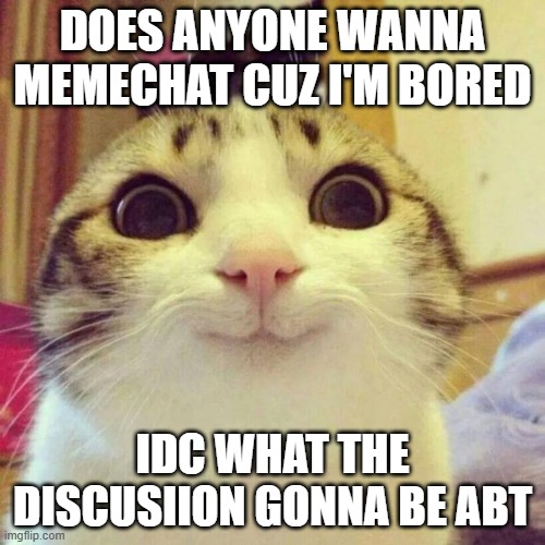 Smiling Cat | DOES ANYONE WANNA MEMECHAT CUZ I'M BORED; IDC WHAT THE DISCUSIION GONNA BE ABT | image tagged in memes,smiling cat | made w/ Imgflip meme maker