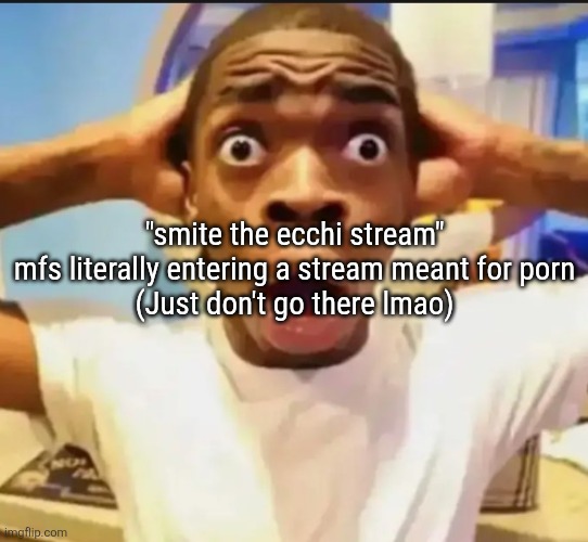 Surprised Black Guy | "smite the ecchi stream"
mfs literally entering a stream meant for porn
(Just don't go there lmao) | image tagged in surprised black guy | made w/ Imgflip meme maker