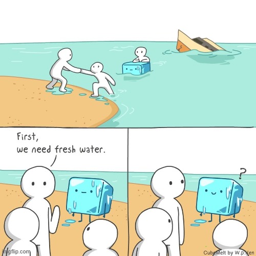 image tagged in boat,island,stranded,fresh,water,ice cube | made w/ Imgflip meme maker