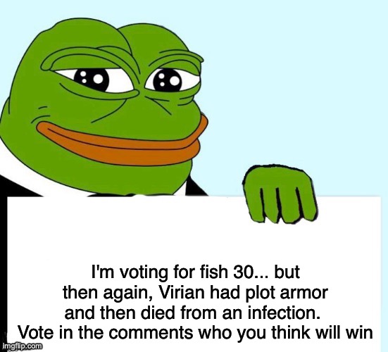 Smirking Data Frog | I'm voting for fish 30... but then again, Virian had plot armor and then died from an infection.  Vote in the comments who you think will win | image tagged in smirking data frog | made w/ Imgflip meme maker