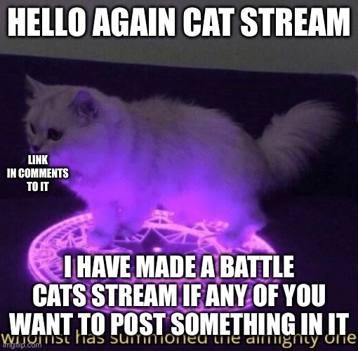 Whomst has summoned the almighty one | HELLO AGAIN CAT STREAM; LINK IN COMMENTS TO IT; I HAVE MADE A BATTLE CATS STREAM IF ANY OF YOU WANT TO POST SOMETHING IN IT | image tagged in whomst has summoned the almighty one | made w/ Imgflip meme maker