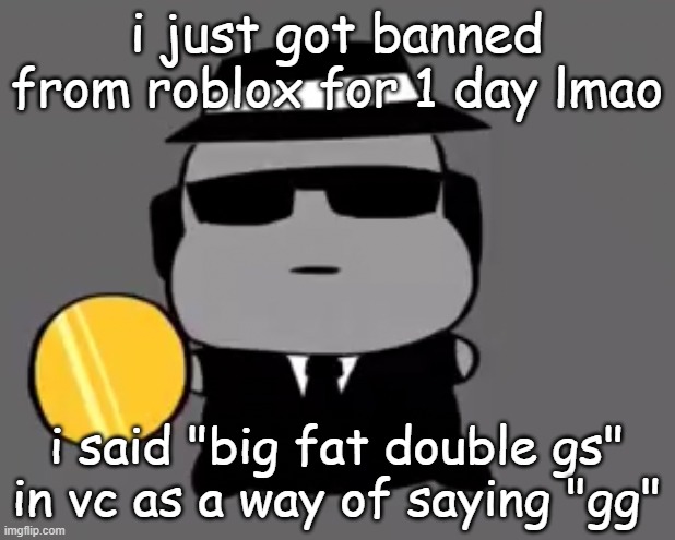 it's fair enough | i just got banned from roblox for 1 day lmao; i said "big fat double gs" in vc as a way of saying "gg" | image tagged in goober chance | made w/ Imgflip meme maker