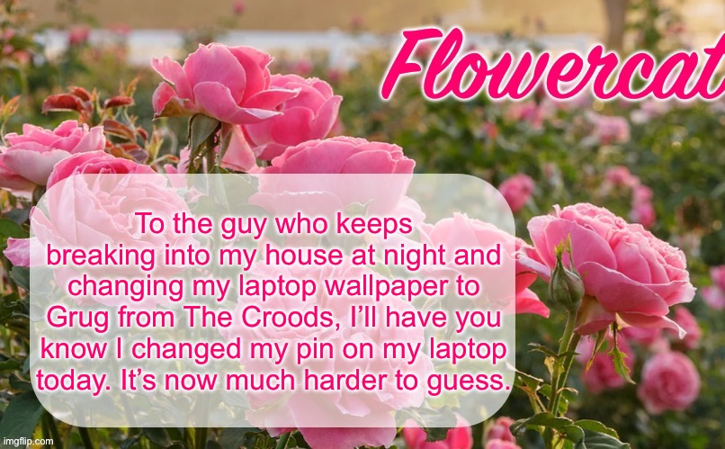 It has two digits now instead of one | To the guy who keeps breaking into my house at night and changing my laptop wallpaper to Grug from The Croods, I’ll have you know I changed my pin on my laptop today. It’s now much harder to guess. | image tagged in flowercat template | made w/ Imgflip meme maker