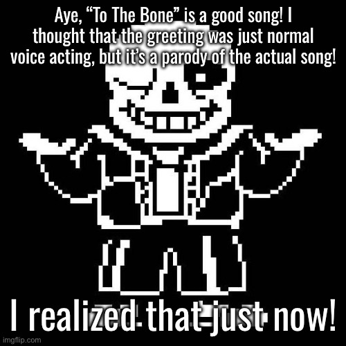 Aye! I learned something today! | Aye, “To The Bone” is a good song! I thought that the greeting was just normal voice acting, but it’s a parody of the actual song! I realized that just now! | image tagged in sans undertale | made w/ Imgflip meme maker