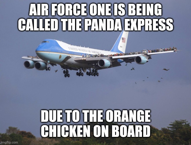 TACO time! | AIR FORCE ONE IS BEING CALLED THE PANDA EXPRESS; DUE TO THE ORANGE CHICKEN ON BOARD | image tagged in air force one,donald trump,maga,taco,chicken | made w/ Imgflip meme maker