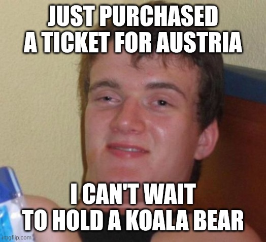 10 Guy | JUST PURCHASED A TICKET FOR AUSTRIA; I CAN'T WAIT TO HOLD A KOALA BEAR | image tagged in memes,10 guy | made w/ Imgflip meme maker