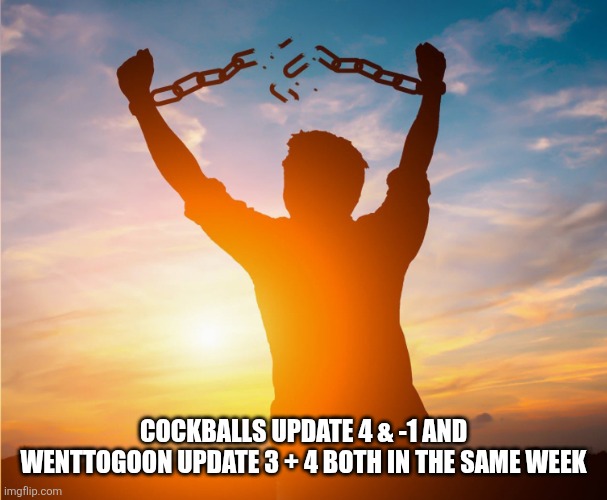 I wanted to give that one a messed up name too | COCKBALLS UPDATE 4 & -1 AND WENTTOGOON UPDATE 3 + 4 BOTH IN THE SAME WEEK | image tagged in man breaking free from chains over the sunset | made w/ Imgflip meme maker
