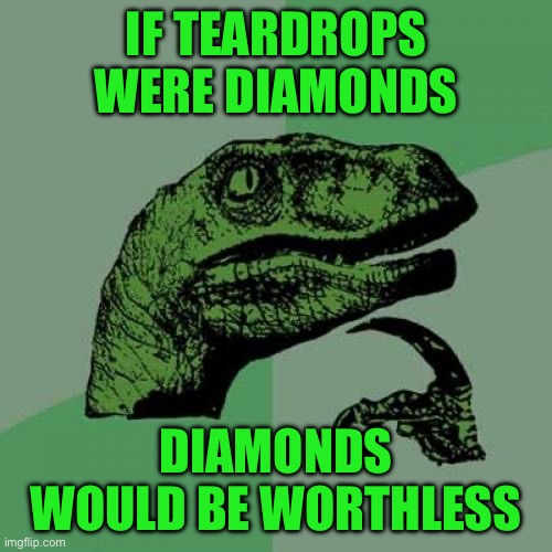 Philosoraptor | IF TEARDROPS WERE DIAMONDS; DIAMONDS WOULD BE WORTHLESS | image tagged in memes,philosoraptor | made w/ Imgflip meme maker