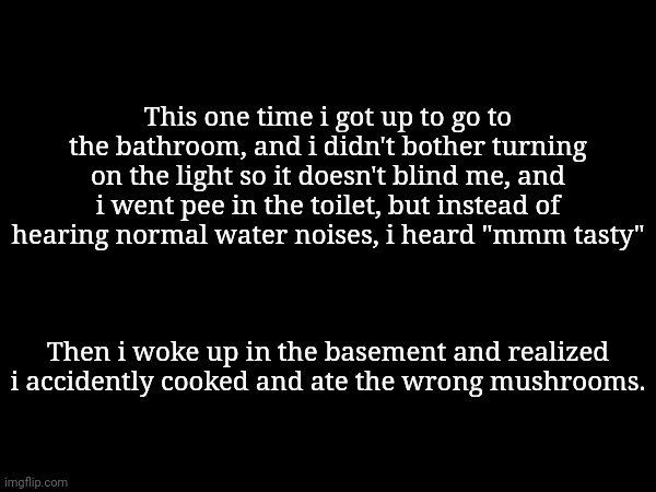 This one time i got up to go to the bathroom, and i didn't bother turning on the light so it doesn't blind me, and i went pee in the toilet, but instead of hearing normal water noises, i heard "mmm tasty"; Then i woke up in the basement and realized i accidently cooked and ate the wrong mushrooms. | made w/ Imgflip meme maker