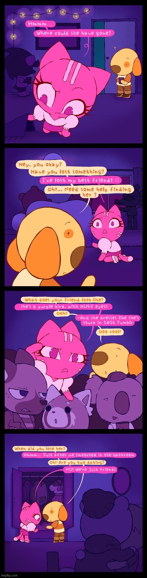 Dog's debut comic | image tagged in cat,searching,dog,friend,bird,friends | made w/ Imgflip meme maker