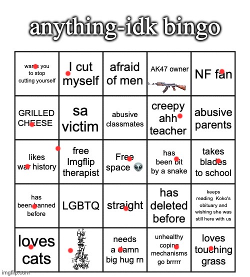 for the record, I did mean to check off the free Imgflip therapist box, I just missed bcuz my hand was shaky. | image tagged in anything-idk bingo | made w/ Imgflip meme maker
