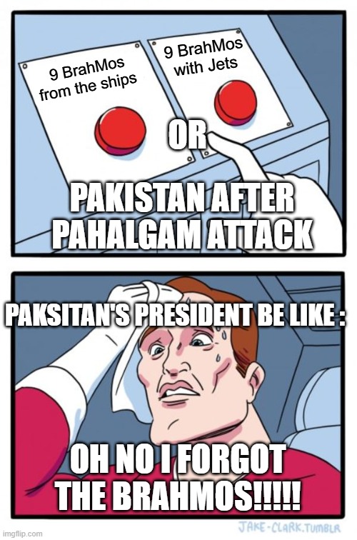 No need of title | 9 BrahMos with Jets; 9 BrahMos from the ships; OR; PAKISTAN AFTER PAHALGAM ATTACK; PAKSITAN'S PRESIDENT BE LIKE :; OH NO I FORGOT THE BRAHMOS!!!!! | image tagged in memes,two buttons | made w/ Imgflip meme maker