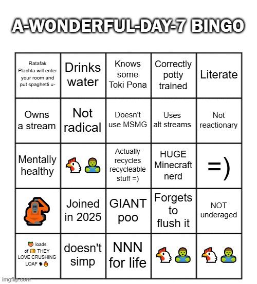 Blank five by five Bingo grid | A-WONDERFUL-DAY-7 BINGO; Drinks water; Knows some Toki Pona; Literate; Ratafak Plachta will enter your room and put spaghetti u-; Correctly potty trained; Not radical; Doesn't use MSMG; Uses alt streams; Owns a stream; Not reactionary; 🐔🧟‍♂️; Actually recycles recycleable stuff =); HUGE Minecraft nerd; =); Mentally healthy; Joined in 2025; GIANT poo; 🦧; Forgets to flush it; NOT underaged; 🍑 loads of 🍞 THEY LOVE CRUSHING LOAF 🗣🔥; doesn't simp; NNN for life; 🐔🧟‍♂️; 🐔🧟‍♂️ | image tagged in blank five by five bingo grid | made w/ Imgflip meme maker