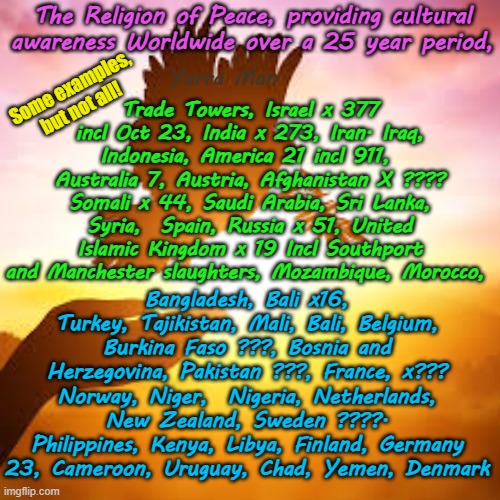 Islam, the religion of Peace, providing cultural enrichment World wide at no cost. | The Religion of Peace, providing cultural awareness Worldwide over a 25 year period, Trade Towers, Israel x 377 incl Oct 23, India x 273, Iran. Iraq, Indonesia, America 21 incl 911,  Australia 7, Austria, Afghanistan X ???? Somali x 44, Saudi Arabia, Sri Lanka, Syria,  Spain, Russia x 51, United Islamic Kingdom x 19 Incl Southport and Manchester slaughters, Mozambique, Morocco, Some examples, but not all! Yarra Man; Bangladesh, Bali x16, Turkey, Tajikistan, Mali, Bali, Belgium, Burkina Faso ???, Bosnia and Herzegovina, Pakistan ???, France, x??? Norway, Niger,  Nigeria, Netherlands, New Zealand, Sweden ????. Philippines, Kenya, Libya, Finland, Germany 23, Cameroon, Uruguay, Chad, Yemen, Denmark | image tagged in self gratification by proxy woke,united islamic nations,european islamic union,progressives leftists,invasion,uik starmer | made w/ Imgflip meme maker