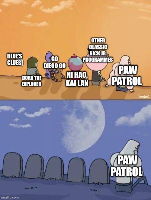 Regular Show Graves | OTHER CLASSIC NICK JR. PROGRAMMES; GO DIEGO GO; BLUE'S CLUES; PAW PATROL; DORA THE EXPLORER; NI HAO, KAI LAN; PAW PATROL | image tagged in regular show graves,nick jr,paw patrol | made w/ Imgflip meme maker