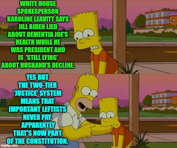 So far there's no proof that it has changed. | WHITE HOUSE SPOKESPERSON KAROLINE LEAVITT SAYS JILL BIDEN LIED ABOUT DEMENTIA JOE'S HEALTH WHILE HE WAS PRESIDENT AND IS  'STILL LYING' ABOUT HUSBAND'S DECLINE. YES BUT THE TWO-TIER 'JUSTICE' SYSTEM MEANS THAT IMPORTANT LEFTISTS NEVER PAY.  APPARENTLY THAT'S NOW PART OF THE CONSTITUTION. | image tagged in homer and bart worst day so far | made w/ Imgflip meme maker