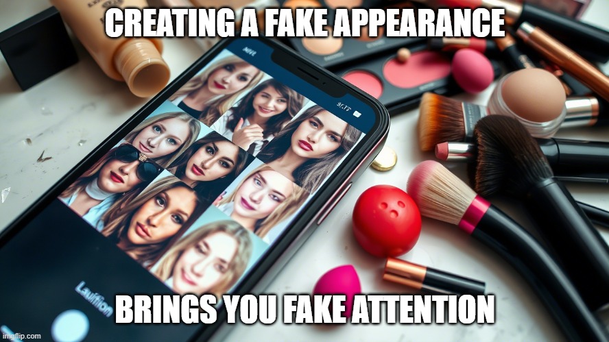 Faking it | CREATING A FAKE APPEARANCE; BRINGS YOU FAKE ATTENTION | image tagged in fake,appearance,makeup,filter,simp | made w/ Imgflip meme maker