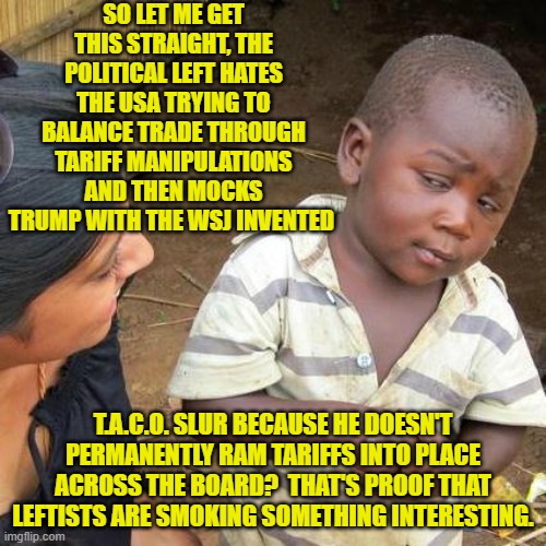 Possibly smoking their own socks. | SO LET ME GET THIS STRAIGHT, THE POLITICAL LEFT HATES THE USA TRYING TO BALANCE TRADE THROUGH TARIFF MANIPULATIONS AND THEN MOCKS TRUMP WITH THE WSJ INVENTED; T.A.C.O. SLUR BECAUSE HE DOESN'T PERMANENTLY RAM TARIFFS INTO PLACE ACROSS THE BOARD?  THAT'S PROOF THAT LEFTISTS ARE SMOKING SOMETHING INTERESTING. | image tagged in third world skeptical kid | made w/ Imgflip meme maker