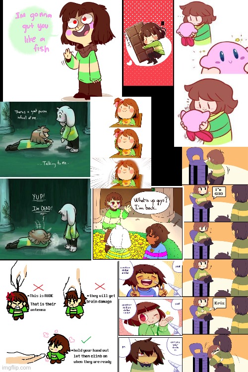 Chara shitpost. Bulk edition. | image tagged in shitpost,chara,frisk,kris,kirby | made w/ Imgflip meme maker