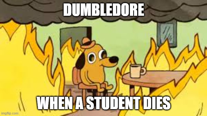 Evrything is fine | DUMBLEDORE; WHEN A STUDENT DIES | image tagged in evrything is fine | made w/ Imgflip meme maker