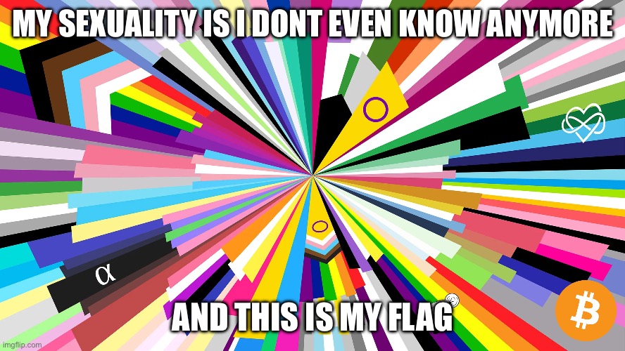e | MY SEXUALITY IS I DONT EVEN KNOW ANYMORE; AND THIS IS MY FLAG | image tagged in pride month | made w/ Imgflip meme maker
