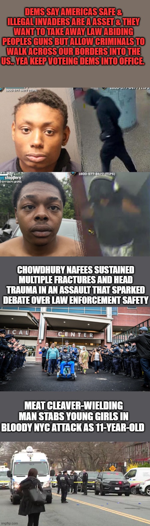 Vote for DEMS & keep getting what your getting. | DEMS SAY AMERICAS SAFE & ILLEGAL INVADERS ARE A ASSET & THEY WANT TO TAKE AWAY LAW ABIDING PEOPLES GUNS BUT ALLOW CRIMINALS TO WALK ACROSS OUR BORDERS INTO THE US.. YEA KEEP VOTEING DEMS INTO OFFICE. CHOWDHURY NAFEES SUSTAINED MULTIPLE FRACTURES AND HEAD TRAUMA IN AN ASSAULT THAT SPARKED DEBATE OVER LAW ENFORCEMENT SAFETY; MEAT CLEAVER-WIELDING MAN STABS YOUNG GIRLS IN BLOODY NYC ATTACK AS 11-YEAR-OLD | made w/ Imgflip meme maker