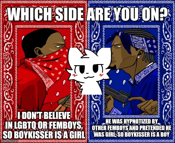 I'm the red one | I DON'T BELIEVE IN LGBTQ OR FEMBOYS, SO BOYKISSER IS A GIRL; HE WAS HYPNOTIZED BY OTHER FEMBOYS AND PRETENDED HE WAS GIRL, SO BOYKISSER IS A BOY | image tagged in which side are you on,boykisser | made w/ Imgflip meme maker