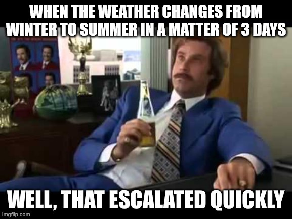 Global Warming | WHEN THE WEATHER CHANGES FROM WINTER TO SUMMER IN A MATTER OF 3 DAYS | image tagged in well that escalated quickly,summer,winter,global warming | made w/ Imgflip meme maker