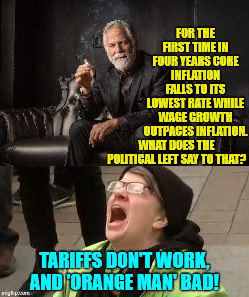 Trump has nearly halted inflation WITH tariffs and trade deals.  But . . . Orange Man Bad. | FOR THE FIRST TIME IN FOUR YEARS CORE INFLATION FALLS TO ITS LOWEST RATE WHILE WAGE GROWTH OUTPACES INFLATION. WHAT DOES THE POLITICAL LEFT SAY TO THAT? TARIFFS DON'T WORK, AND 'ORANGE MAN' BAD! | image tagged in yep | made w/ Imgflip meme maker