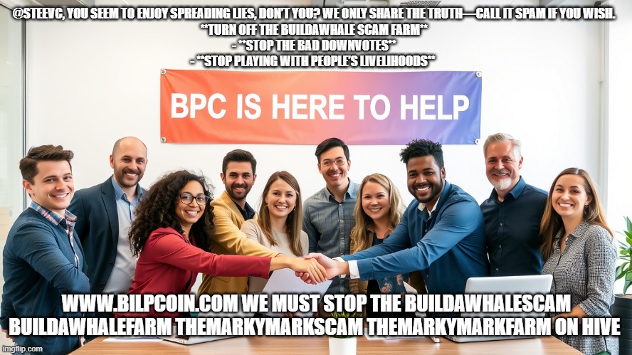 @STEEVC, YOU SEEM TO ENJOY SPREADING LIES, DON’T YOU? WE ONLY SHARE THE TRUTH—CALL IT SPAM IF YOU WISH.  

**TURN OFF THE BUILDAWHALE SCAM FARM**  
- **STOP THE BAD DOWNVOTES**  
- **STOP PLAYING WITH PEOPLE’S LIVELIHOODS**; WWW.BILPCOIN.COM WE MUST STOP THE BUILDAWHALESCAM BUILDAWHALEFARM THEMARKYMARKSCAM THEMARKYMARKFARM ON HIVE | made w/ Imgflip meme maker