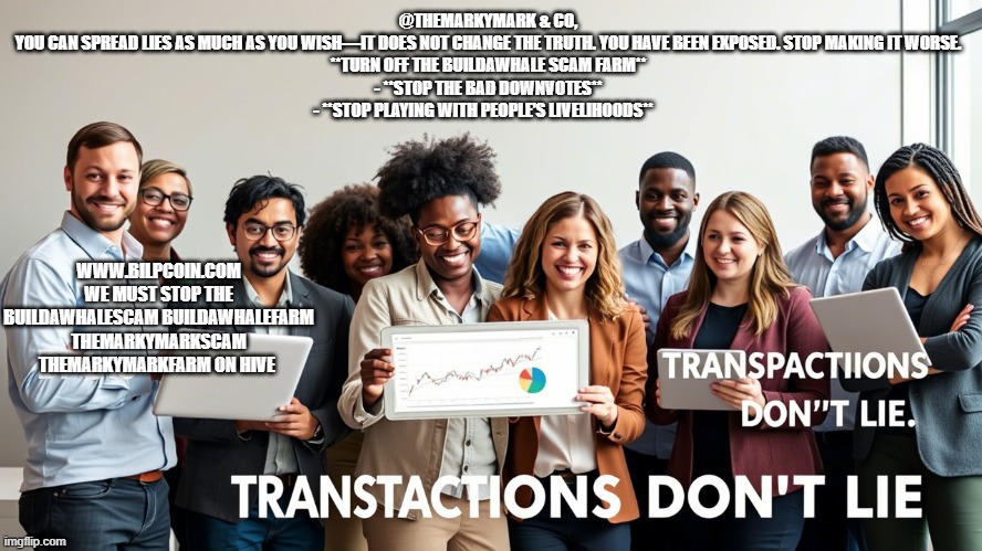 @THEMARKYMARK & CO,  

YOU CAN SPREAD LIES AS MUCH AS YOU WISH—IT DOES NOT CHANGE THE TRUTH. YOU HAVE BEEN EXPOSED. STOP MAKING IT WORSE.  

**TURN OFF THE BUILDAWHALE SCAM FARM**  
- **STOP THE BAD DOWNVOTES**  
- **STOP PLAYING WITH PEOPLE’S LIVELIHOODS**; WWW.BILPCOIN.COM WE MUST STOP THE BUILDAWHALESCAM BUILDAWHALEFARM THEMARKYMARKSCAM THEMARKYMARKFARM ON HIVE | made w/ Imgflip meme maker