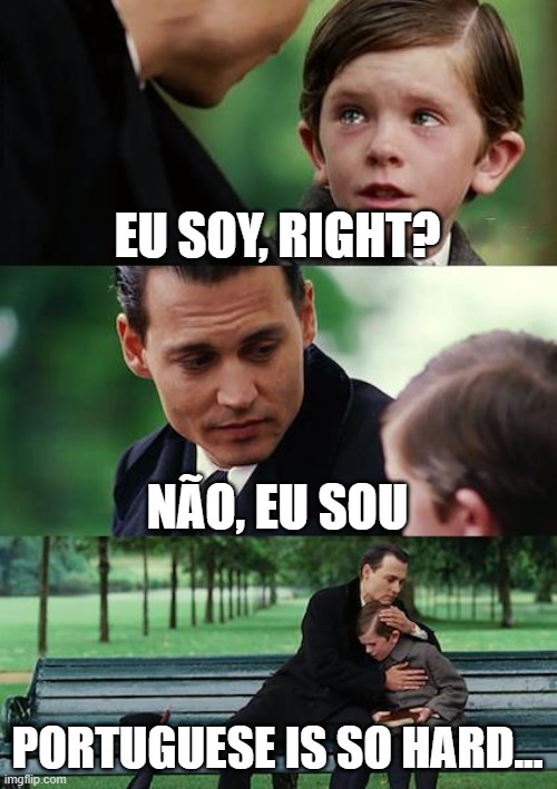 Portuguese is hard. | EU SOY, RIGHT? NÃO, EU SOU; PORTUGUESE IS SO HARD... | image tagged in memes | made w/ Imgflip meme maker