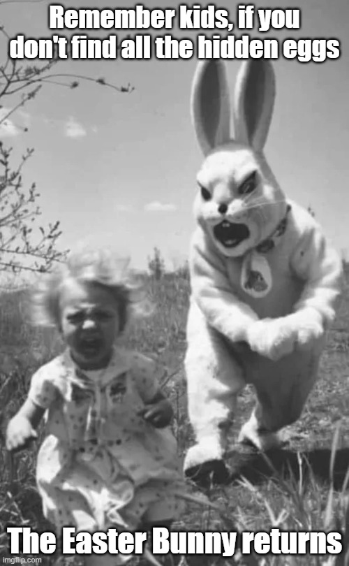 Missing Eggs | Remember kids, if you don't find all the hidden eggs; The Easter Bunny returns | image tagged in easter,bunny,fail,eggs | made w/ Imgflip meme maker