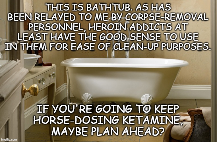 Attn: Elon Musk | THIS IS BATHTUB. AS HAS BEEN RELAYED TO ME BY CORPSE-REMOVAL PERSONNEL, HEROIN ADDICTS AT LEAST HAVE THE GOOD SENSE TO USE IN THEM FOR EASE OF CLEAN-UP PURPOSES. IF YOU'RE GOING TO KEEP
HORSE-DOSING KETAMINE,
MAYBE PLAN AHEAD? | image tagged in claw ballfoot bathtub,drug addiction,ketamine | made w/ Imgflip meme maker