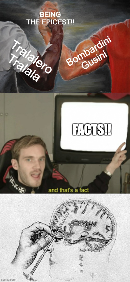I QUITE AGREE WITH THIS! | BEING THE EPICEST!! Bombardini Gusini; Tralalero Tralala; FACTS!! | image tagged in memes,epic handshake,and that's a fact,lobotomy | made w/ Imgflip meme maker